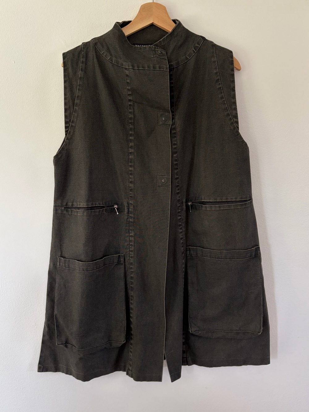 Matthildur Dark Grey Canvas Button Closure Utility Sleeveless Longline Vest